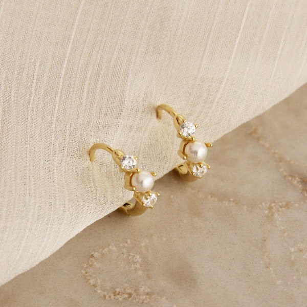 Pearl CZ Hoop Huggie Earrings - Pearl Earrings, Natural Pearl Earrings, Small Pearl CZ Diamond Earrings, Pearl Huggies, Gold CZ Pearl Hoops