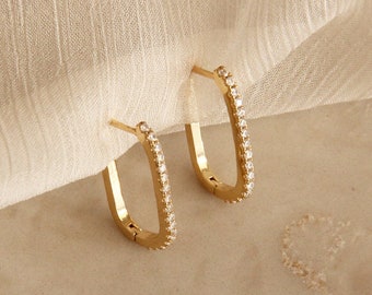 19mm Oval Pave Hoop Earrings, Micropave CZ Diamond Hoops, Oval Hoop Earrings, Oval Hoops, CZ Gold Diamond Hoops, CZ Silver Hoops, Pave Hoops