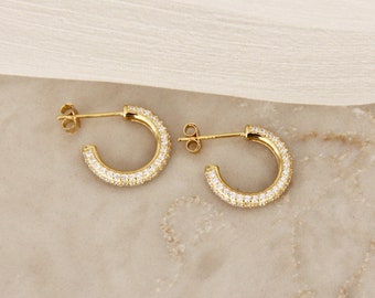 Pave CZ Diamond Hoop Earrings - Simple Gold Hoops, Gold CZ Hoop Studs, Micropave CZ Diamond Hoops, Thick Gold Hoops, Pave Hoop Earrings