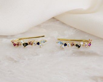 Dainty CZ Ear Climber - Multistone Earring - Multicolor CZ Stone Ear Climber - Cubic Stone Ear Climber - Sterling Silver Ear Climbers