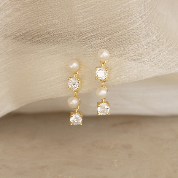 Pearl CZ Diamond Dangle Earrings, Bridal Pearl Earrings, CZ Drop Earrings, Gold Diamond CZ Drop Earrings, Bridesmaids Gifts, Pearl Earrings