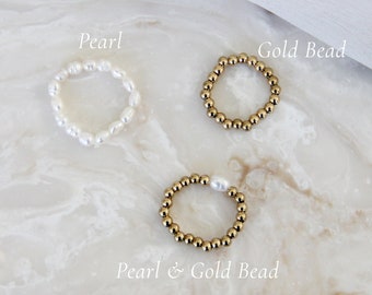 Gold Bead Ring - Freshwater Pearl Ring Beaded Elastic Pearl Ring Gold Ball Ring Gold Beaded Ring Pearl Beaded Ring Stacking Gold Filled Ring