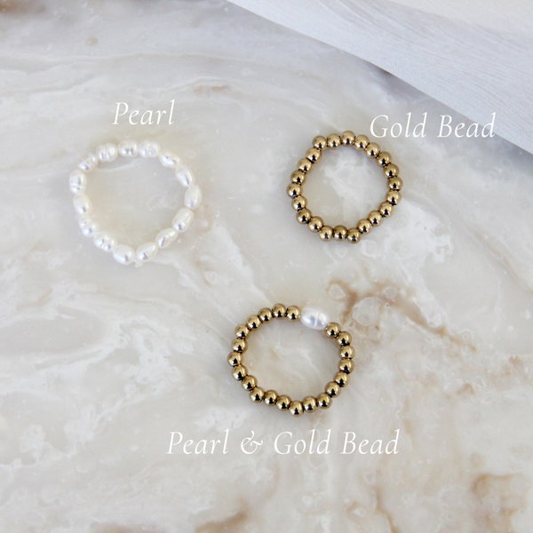 Gold Bead Ring - Freshwater Pearl Ring Beaded Elastic Pearl Ring Gold Ball Ring Gold Beaded Ring Pearl Beaded Ring Stacking Gold Filled Ring