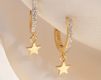 Tiny Star Hoop Huggies, Star Dangle Hoop Earring, Pave Hoop Earrings, Wishing Star Earrings, Celestial Earrings, Gold Star Hoop Earrings