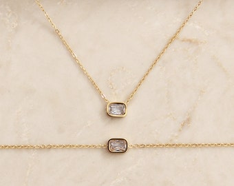 CZ Diamond Necklace and Bracelet Set, Necklace Bracelet Gift Set, Gold Filled Necklace, CZ Emerald Necklace, Bridesmaids Gifts, Gift for Her