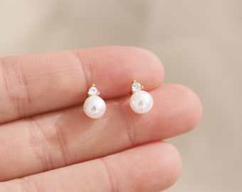 Pearl CZ Diamond Stud Earrings, Pearl Studs, Small Pearl Earrings, Pearl Diamond CZ Earrings, Wedding Stud Earrings, Bridesmaid Earring Gift