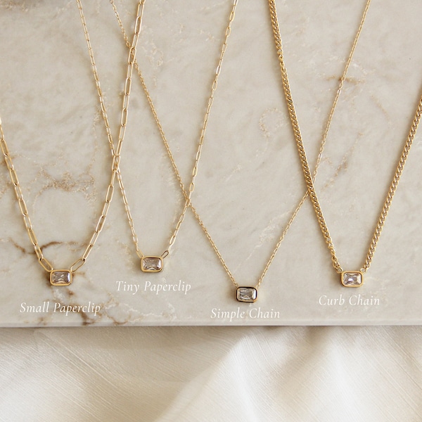 Emerald Cut CZ Necklace, Bezel CZ Diamond Necklace, Gold Filled Necklace, CZ Necklace, Bridesmaid Gifts, Wedding Necklace, Layering Necklace