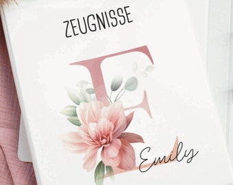 Personalized report card folder with name, gift idea for school children, folder for school reports, girls, flowers