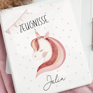 Zeugnismappe mit Name Zeugnisordner personalisiert Geschenkidee für Schulkinder Ordner für Schulzeugnisse Mädchen Einhorn