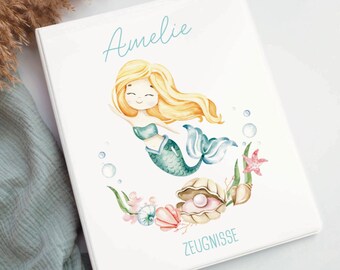 Personalized report card folder with name, gift idea for school children, folder for school reports, girls, mermaid