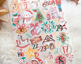 May include: A sheet of Christmas-themed stickers featuring festive illustrations. The stickers include a gingerbread man, snowman, Santa Claus, Christmas tree, and various numbered designs for an advent calendar. The stickers are in a watercolor style with a transparent background.