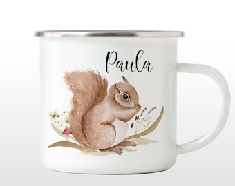 Enamel cup children's mug with name boho forest animals squirrel girl gift Christmas birthday