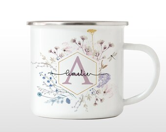 Enamel cup mug with name dried flowers boho flowers