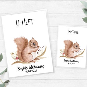 U-Heft und Impfpass Hülle SET, Eichhörnchen Boho Mädchen Babyparty mit Namen und Geburtsdaten