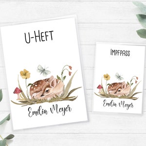 U-Heft und Impfpass Hülle SET, Rehlitz Boho Mädchen Babyparty mit Namen und Geburtsdaten, Geschenk Geburt