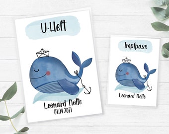 U-heft sleeve and vaccination passport case set boy whale with name