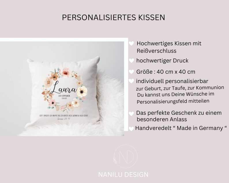 Kissen zur Kommunion personalisiert mit Namen und Datum, Geschenkidee zur Kommunion, Kommunionskissen mit Namen, Kommunionsgeschenk Bild 2