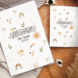 U-Hefthülle Impfpasshülle Set personalisiert, U-Hefthülle mit Namen und Geburtsdaten, Geschenk für Neugeborene, Babyparty Regenbogen Boho