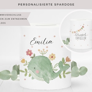 Personalisierte Spardose mit Namen Wal Geldgeschenk Mädchen Geschenk Einschulung Taufe Geburt