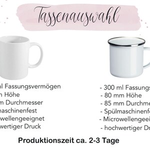 May include: Image shows two white mugs with text in German. The first mug has a capacity of 330 ml, is 95 mm tall, and 80 mm in diameter. The second mug has a capacity of 300 ml, is 80 mm tall, and 85 mm in diameter.
