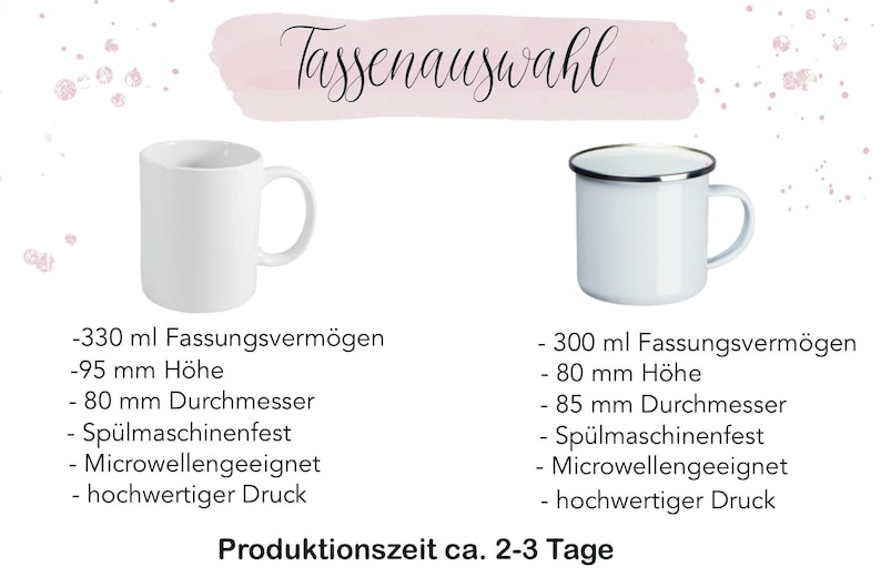 May include: Image shows two white mugs with text in German. The first mug has a capacity of 330 ml, is 95 mm tall, and 80 mm in diameter. The second mug has a capacity of 300 ml, is 80 mm tall, and 85 mm in diameter.