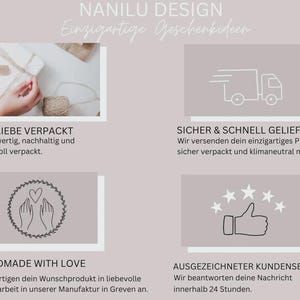 Peut inclure: Graphique avec le texte "NANILU DESIGN" et "Einzigartige Geschenkideen". Il comprend des images d'un cadeau emball&eacute;, d'un camion de livraison, de mains avec un c&oelig;ur et d'un pouce lev&eacute; avec des &eacute;toiles. Le texte comprend "Handmade with Love".