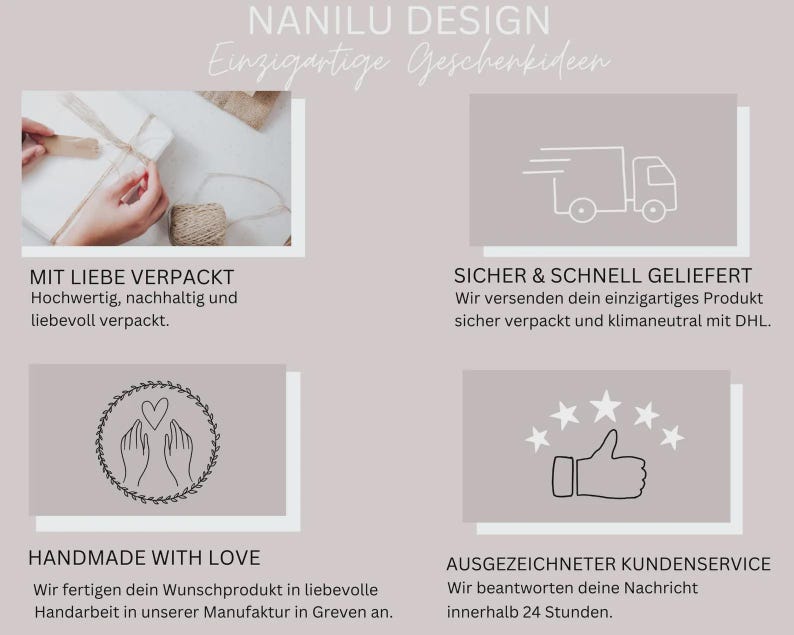 Peut inclure: Graphique avec le texte "NANILU DESIGN" et "Einzigartige Geschenkideen". Il comprend des images d'un cadeau emball&eacute;, d'un camion de livraison, de mains avec un c&oelig;ur et d'un pouce lev&eacute; avec des &eacute;toiles. Le texte comprend "Handmade with Love".