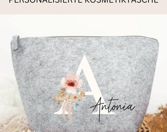 personalized cosmetic bag with initials and name, felt cosmetic bag with name, gift for Mother's Day, gift idea for her