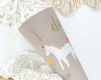 Schultüte aus Stoff mit Namen, personalisierte Schultüte, Zuckertüte personalisiert, Stoff Schultüte Einhorn, Geschwistertüte Mädchen