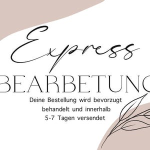 Könnte beinhalten: Ein weißer Hintergrund mit einer hellbraunen abstrakten Form und einer schwarzen Linienzeichnung von Blättern. Der Text "Express Bearbeitung" ist in Schwarz, und darunter steht der Text "Deine Bestellung wird bevorzugt behandelt und innerhalb 5-7 Tagen versendet."