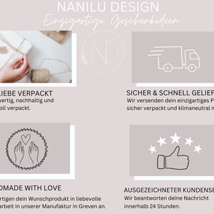 May include: A promotional graphic with the text "NANILU DESIGN" and "Einzigartige Geschenkideen." The image includes text about packaging, shipping, handmade items, and customer service. The background is a light beige color.