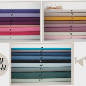 Peut inclure: Une s&eacute;lection d'&eacute;chantillons de tissus de diff&eacute;rentes couleurs, notamment des nuances de violet, de rose, de bleu et de vert. L'image est divis&eacute;e en trois sections, chacune affichant des &eacute;chantillons de tissu num&eacute;rot&eacute;s. Le texte "Stoff Auswahl" est &eacute;galement pr&eacute;sent.