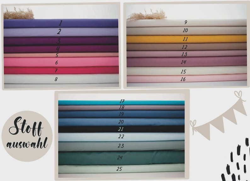 Peut inclure: Une s&eacute;lection d'&eacute;chantillons de tissus de diff&eacute;rentes couleurs, notamment des nuances de violet, de rose, de bleu et de vert. L'image est divis&eacute;e en trois sections, chacune affichant des &eacute;chantillons de tissu num&eacute;rot&eacute;s. Le texte "Stoff Auswahl" est &eacute;galement pr&eacute;sent.
