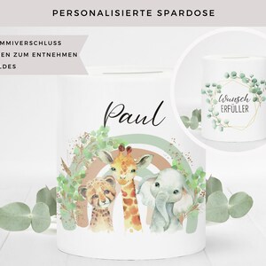 Personalisierte Spardose mit Namen Dschungel Tiere Geldgeschenk Junge