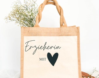 personalisierte Jute Tasche Erzieherin, "Erzieherin mit Herz", Abschiedsgeschenk Kita, Geschenkidee Erzieherin