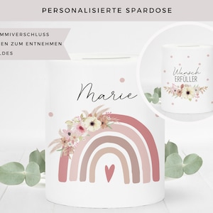 Personalisierte Spardose mit Namen Regenbogen boho Geldgeschenk Mädchen Geschenk Einschulung Taufe Geburt