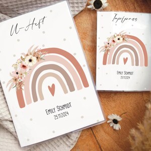 U-Hefthülle Impfpasshülle Set personalisiert, U-Hefthülle mit Namen und Geburtsdaten, Geschenk für Neugeborene, Babyparty Regenbogen Boho