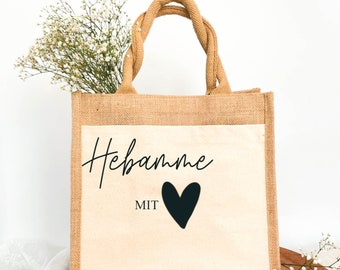 personalisierte Jute Tasche Hebamme, "Hebamme mit Herz", Dankeschön Hebamme, Schulabschluss Geschenk Hebamme