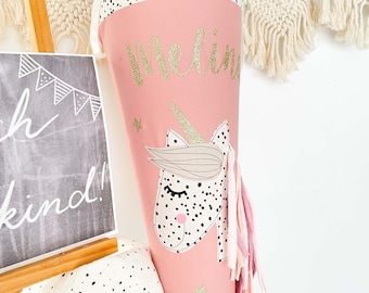Schultüte aus Stoff mit Namen, personalisierte Schultüte, Zuckertüte personalisiert, Schultüte Stoff EINHORN, Geschwistertüte Mädchen