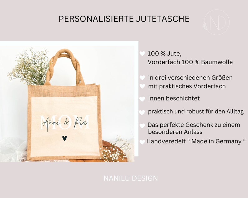 personalisierte Jutetasche MOM, Geschenktasche beste Mama, Geschenkidee Muttertag, Shopper beste Mama, Markttasche MOM personalisiert Bild 3