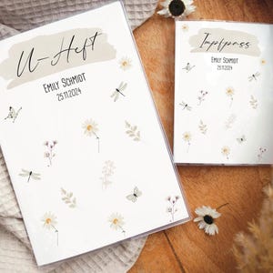 U-Hefthülle Impfpasshülle Set personalisiert, U-Hefthülle mit Namen und Geburtsdaten, Geschenk für Neugeborene, Babyparty Blumen Boho