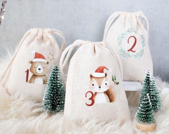 Advent calendar bags to fill, DIY Advent calendar Christmas, cotton bags Advent, sustainable Advent calendar forest animals