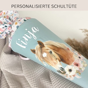 Schultüte aus Stoff mit Namen, personalisierte Schultüte, Schultüte mit Namen Mädchen, Kindergartentüte Pferd, Geschwistertüte Mädchen