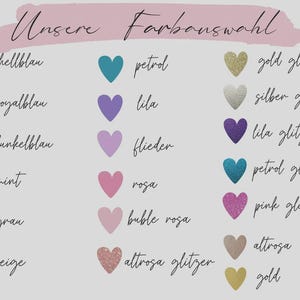 Peut inclure: Un nuancier avec le texte "Unsere Farbauswahl" et divers c&oelig;urs de couleurs. Les couleurs incluent le bleu, le violet, le rose et des options paillet&eacute;es comme l'or et l'argent. Le texte &eacute;num&egrave;re les noms des couleurs.