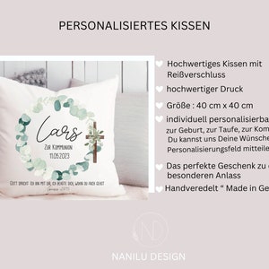 Kissen zur Kommunion personalisiert mit Namen und Datum, Geschenkidee zur Kommunion, Kommunionskissen mit Namen, Kommunionsgeschenk Bild 2