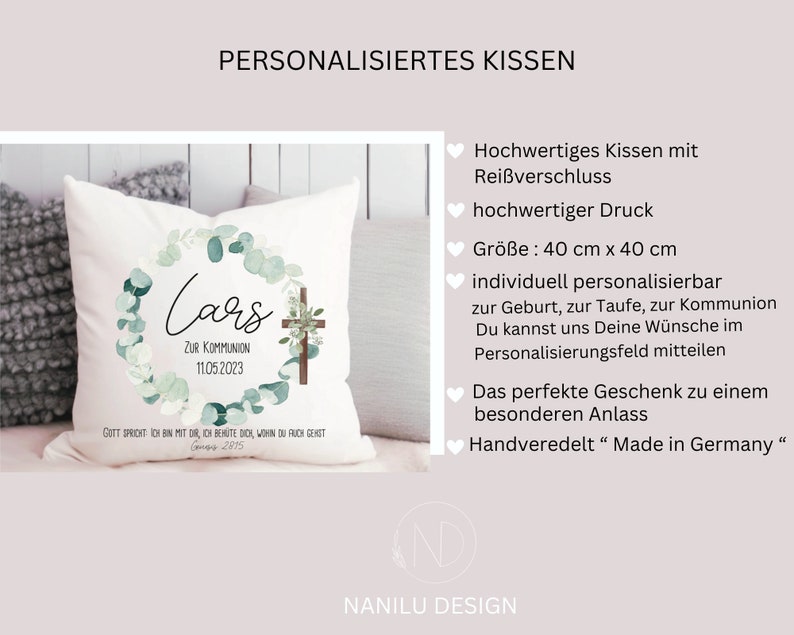 Kissen zur Kommunion personalisiert mit Namen und Datum, Geschenkidee zur Kommunion, Kommunionskissen mit Namen, Kommunionsgeschenk Bild 2