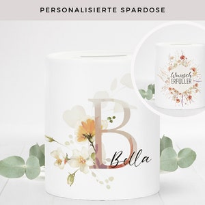 Personalisierte Spardose mit Namen Blumen Boho Geldgeschenk Mädchen