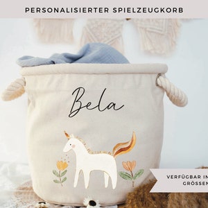 personalisierter Spielzeugkorb, Aufbewahrungskorb Kinderzimmer mit Namen, Kinderzimmerdeko Einhorn mit Namen Einhorn