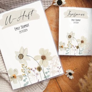 U-Hefthülle Impfpasshülle Set personalisiert, U-Hefthülle mit Namen und Geburtsdaten, Geschenk für Neugeborene, Babyparty Blumen Boho