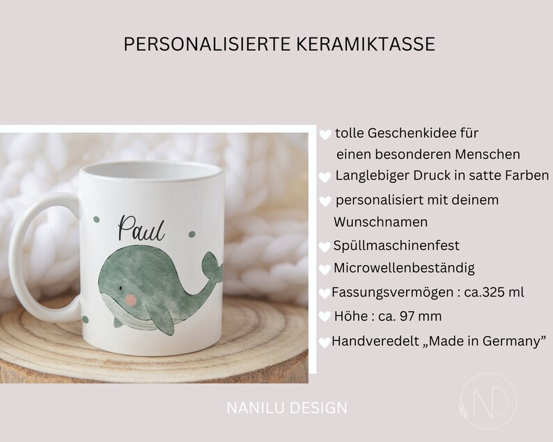 May include: White ceramic mug with a green whale illustration and the name "Paul" printed on it. The mug is personalized with a name and is dishwasher and microwave safe. It has a capacity of 325 ml and is 97 mm tall.